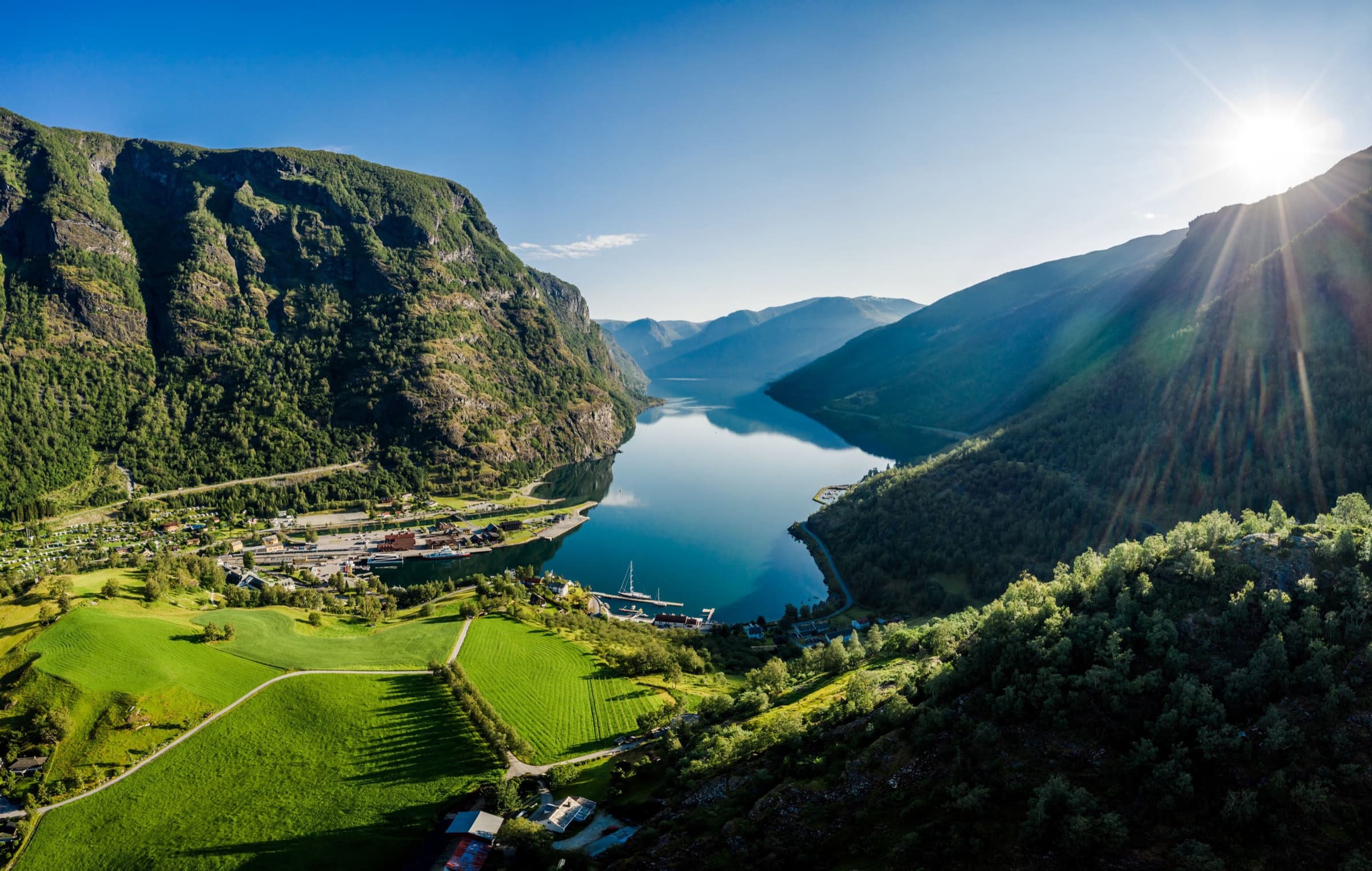 Flåm and the fjord seen from the surrounding mountains